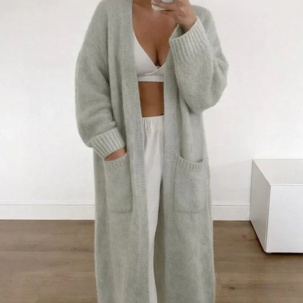 Zara Oversized Chunky Cozy Long Patch Pocket Cardigan Light Gray XS/S